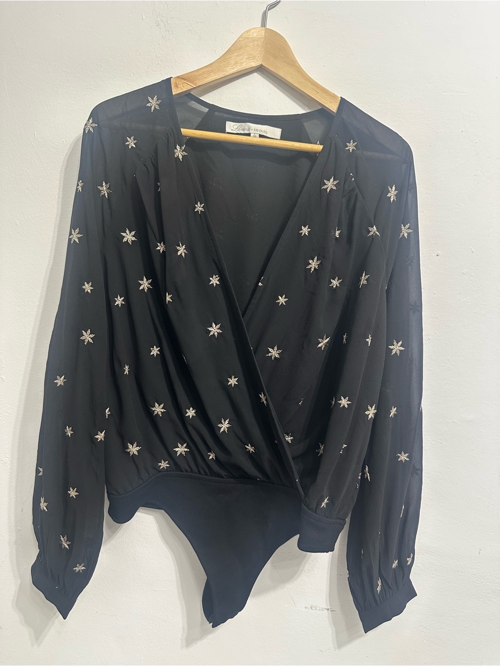 Lovers + Friends Black Star-Print Wrap Bodysuit Top